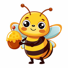 Obraz premium bee, cartoon, cute, honey, pot, jar, sweet, insect, flying, wings, yellow, black, smile, character, bug, nectar, white, background, nature, adorable, animal, vector, illustration, fly, happy, funny, w