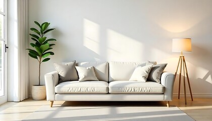 Bright and cozy modern living room interior have sofa and lamp with white wall background created with generative ai