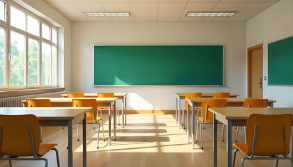 elementary class room no kid or teacher with chairs and tables in campus. Back to school concept created with generative ai