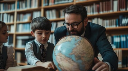 A man is showing a globe to a boy and a girl in a library. The man is wearing a suit and tie