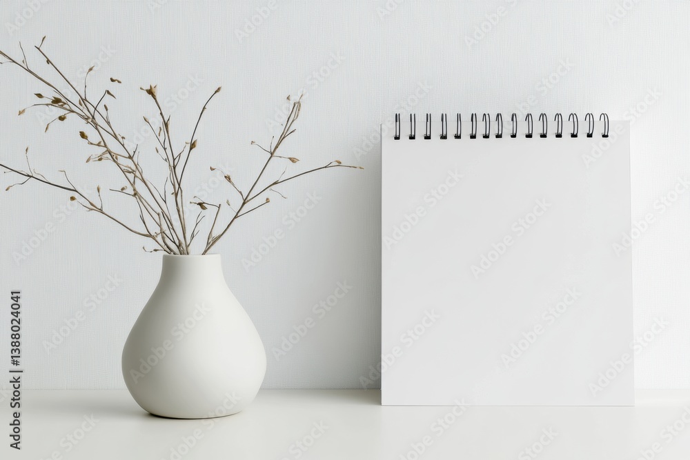 Poster modern desk calendar with a blank grid placed beside a minimalistic vase featuring dried flowers in 