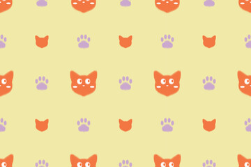 Cute Ikat pattern featuring orange cat faces and purple paw prints on a soft yellow background. Ideal for children's products, textiles, and kawaii-themed designs.