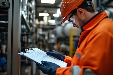 Safety officer performing a thorough safety audit in a factory setting. 