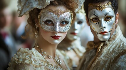 A luxury masquerade ball with elegant guests in Venetian masks