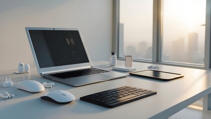 minimalist tech workspace with modern devices and city view