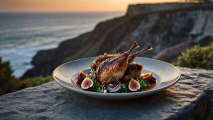 A beautifully plated dish featuring quail on a scenic coastal backdrop at sunset.