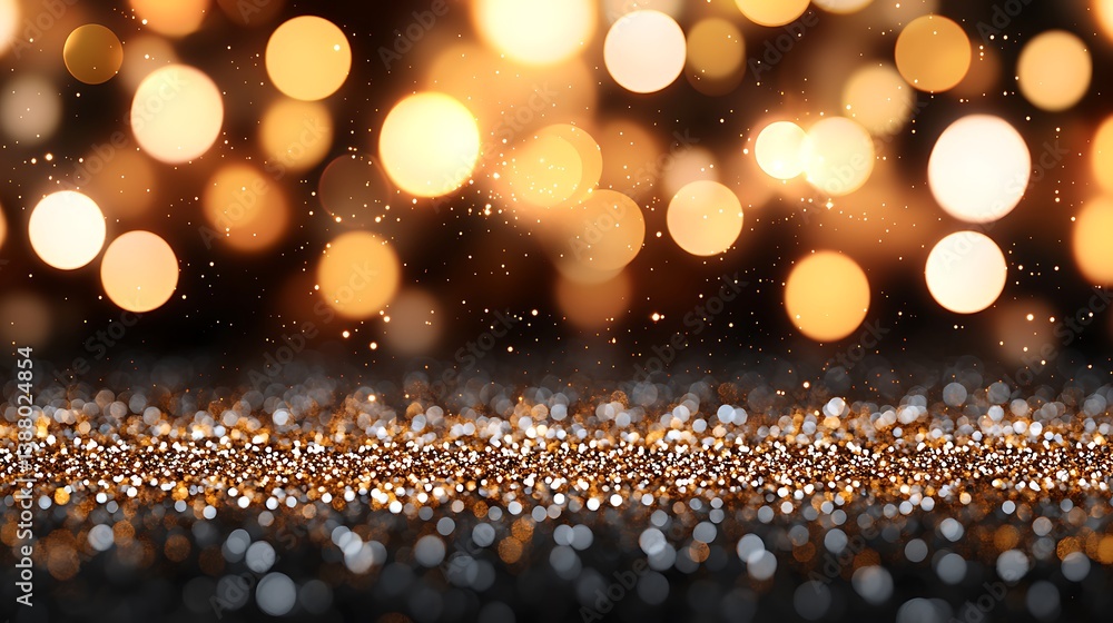 Poster abstract background with golden bokeh lights and glitter, festive sparkling illumination, magic effe