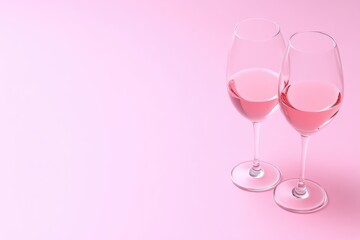 Two wine glasses filled with ros wine on a pink background