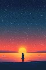 Fototapeta premium A girl stands watching a beautiful sunset over the ocean