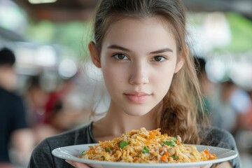 Young girl holding plate of Banh Xeo filled with vibrant vegetables. Concept of enjoyment and culture, highlighting Banh Xeo, Vietnamese savory pancake tradition.