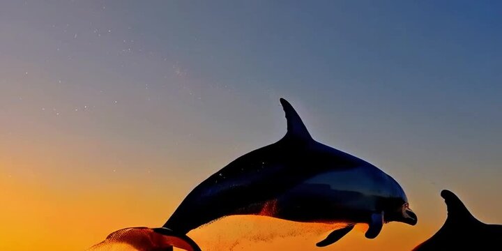 Two dolphins leap ocean sunset silhouette playful freedom vibrant orange-blue sky reflective water marine life energy natural beauty wildlife. Glowing orange-yellow sky, calm waves, serene, jumping