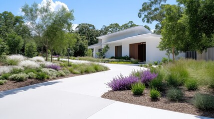 Fototapeta premium Modern white minimalist house with a curved concrete driveway leading through a beautifully landscaped garden with purple flowers and ornamental grasses under a blue sky.