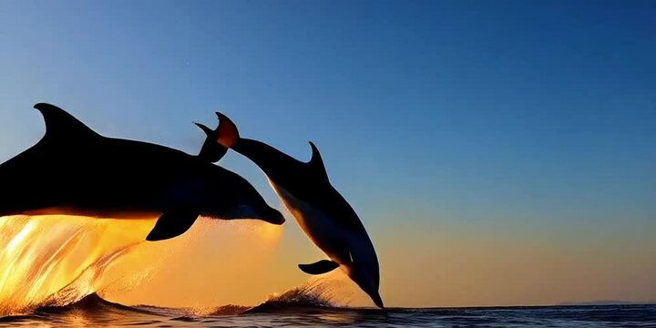 Two dolphins leap ocean sunset silhouette playful freedom vibrant orange-blue sky reflective water marine life energy natural beauty wildlife. Glowing orange-yellow sky, calm waves, serene, jumping