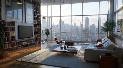 A stylish urban loft with an open-concept design, modern furnishings, and a stunning view of the city skyline