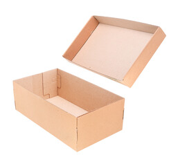 Brown cardboard box with lid isolated on white