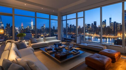 Fototapeta premium A stylish urban apartment with floor-to-ceiling windows, modern furnishings, and a stunning view of the city skyline.