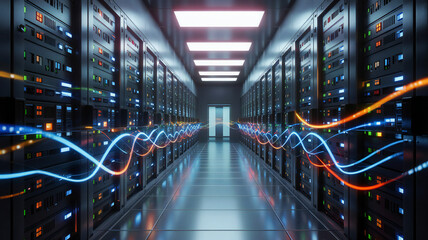 Inside a Modern Data Center with Rows of Server Racks and Flowing Light Trails Representing Data Transmission