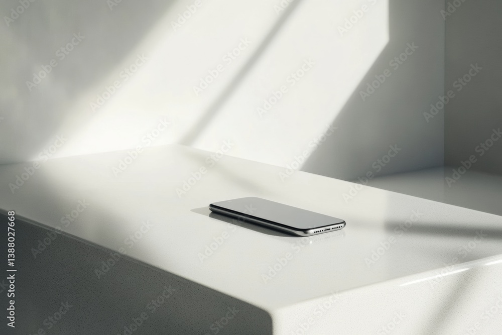 Poster Sleek modern smartphone resting on a clean white surface with soft diffused lighting in a minimalist setting