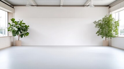 A bright, minimalist room features two potted plants flanking a large white wall. The smooth floor reflects light. The image is clean and well-lit, showcasing a simple, modern aesthetic with neutral