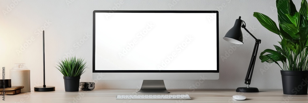 Poster sleek desktop monitor on a minimalistic workspace featuring plants and soft shadows in a clean profe