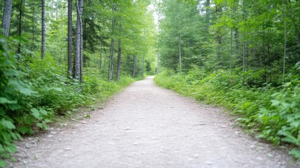 A gravel path winds through a lush green forest. Lush vegetation borders the trail. The image is well-lit, showcasing a high-resolution clarity. The style is naturalistic, conveying peace. Greens a