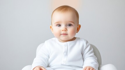 A cute baby sitting in a white chair, wearing a white outfit, soft lighting and neutral background, close-up portrait, and innocence and purity concept.