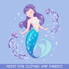 Cartoon mermaid. Beautiful mermaid with jellyfish on lilac background for t-shirts or kids fashion art, children's books
