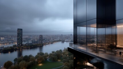 Panoramic city view from a modern high-rise apartment overlooking a river and park.  A stunning cityscape stretches out below, with the river reflecting the city lights.