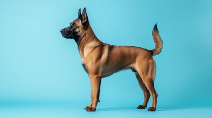 Obraz premium A brown dog stands on a blue background