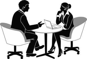 male and female business people silhouettes in professional discussion across table during corporate meeting or consultation
