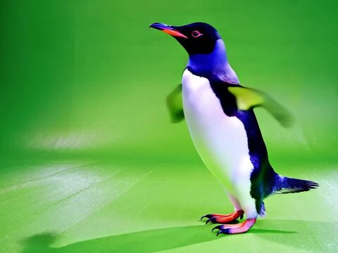 Penguin mid-action green screen isolated outstretched wings orange beak jumping pose digital compositing vibrant background wildlife photography dancing jumping playful wild bird funny behavior video