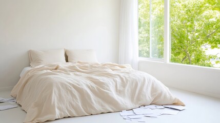 A cream linen duvet covers a bed with two pillows. Its situated in a bright room with a large window showing lush green trees. Papers lie scattered on the floor. The image has a high quality and soft