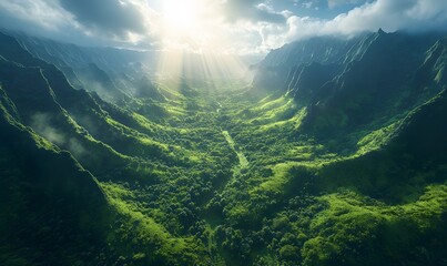 Lush Valley Vista: Sunlight Illuminating a Verdant Mountain Landscape
