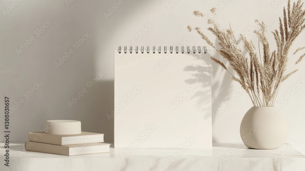 Poster modern desk calendar with blank grid in soft neutral tones displayed on a clean surface with decorat