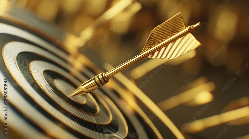 Aufkleber golden arrow aim to dartboard target or goal of success on business background with complete achieve