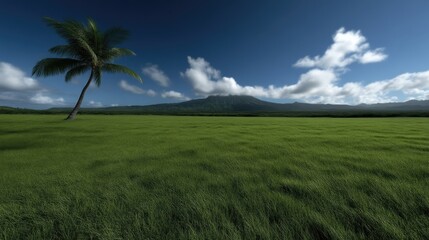 Obraz premium Lush green field, palm tree, mountain backdrop. Vast grassy expanse under a vibrant blue sky with fluffy clouds. A solitary palm tree stands sentinel.