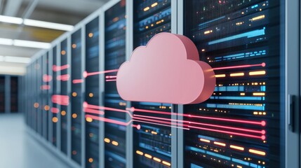 A digital cloud symbol overlays a server room with illuminated data connections, representing cloud computing and data storage technology.