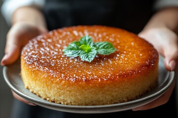 Person holding plate with Basbousa, semolina cake with rose syrup, smiling warmly. Concept of joy and culinary delight featuring Basbousa in vibrant setting.