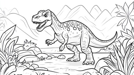 Dinosaur coloring page, prehistoric landscape, coloring book illustration, kid's activity © Mundhut