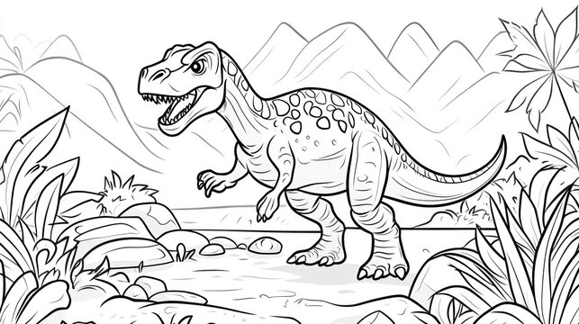 Dinosaur coloring page, prehistoric landscape, coloring book illustration, kid's activity