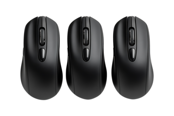 Three black wireless computer mouse isolated on transparent background
