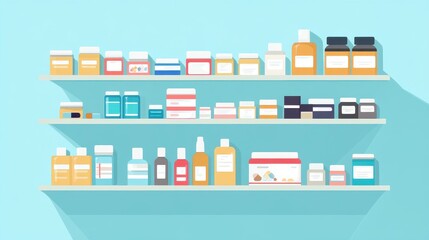 Colorful Medicine Shelves with Various Bottles and Boxes