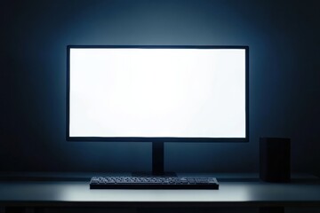 Sleek desktop monitor with bright white screen on minimalistic workspace, creating a clean and professional environment