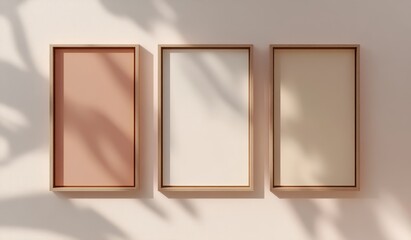 Three minimalist frames with pastel colors and leaf shadows on a beige wall.