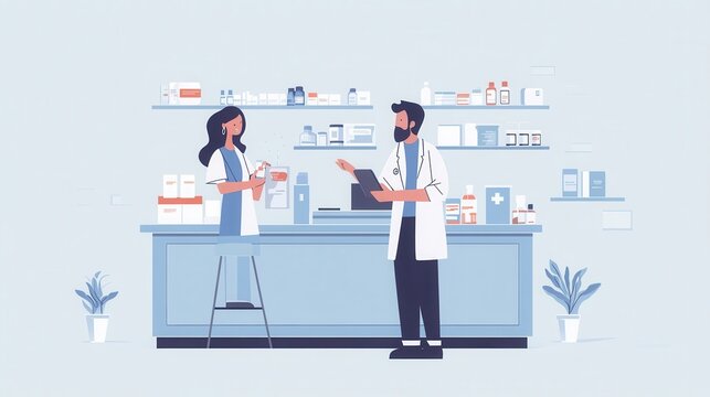 Pharmacy staff interacting in modern pharmacy setting