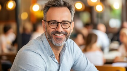 Obraz premium A smiling man with glasses sits in a lively cafe, surrounded by blurred figures, showcasing a warm and inviting atmosphere.