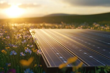 Fototapeta premium Solar panels are placed among wildflowers during a sunset