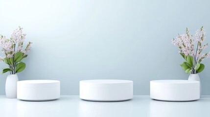 Minimalist scene with three white podiums and light pink flowers