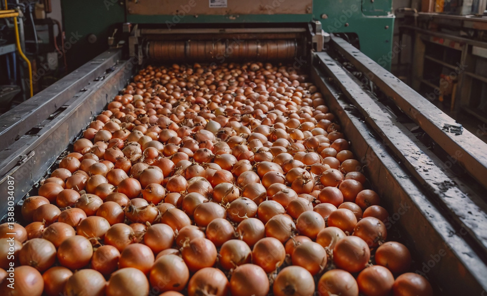 Poster conveyor belt with many onions on it. the onions are in different sizes and colors