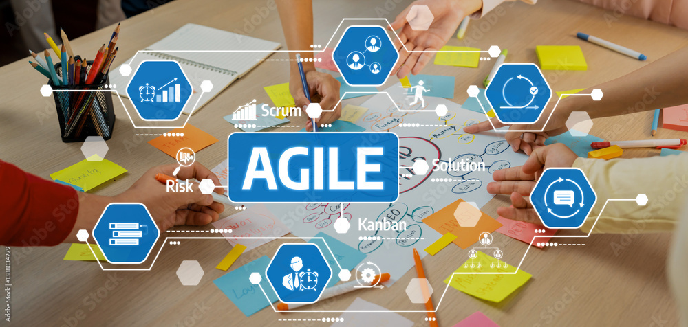 Poster a collaborative workspace featuring diverse hands working on a colorful brainstorming session with s